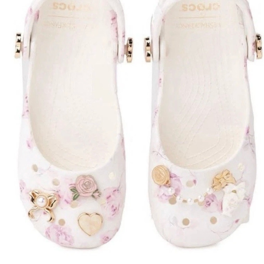 CROCS Floral Classic Clog in White with Pink Rose Print - Picture 2 of 7